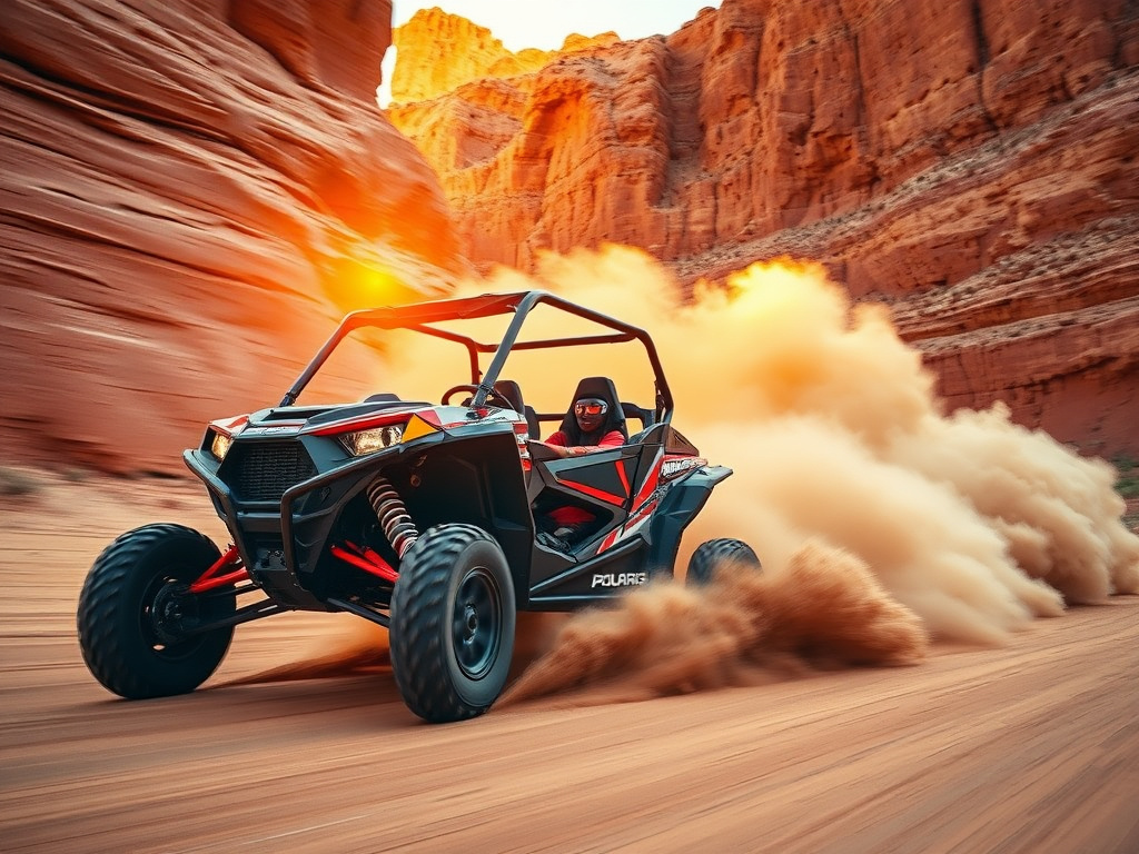 Polaris RZR side-by-side kicking up dust in a red desert canyon at golden hour